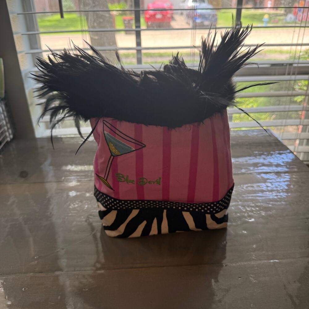 Vintage Blue Devil Pink Striped Martini Zebra Trim Faux Fur Tote Purse - Picture 3 of 9